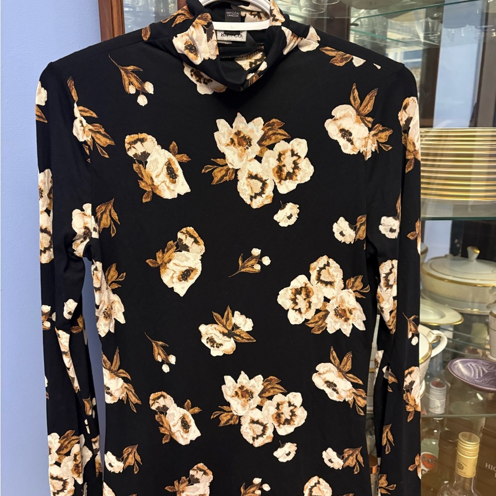 RW&CO. Black Long Sleeve Mock Neck Dress with Cream & Brown Floral Print